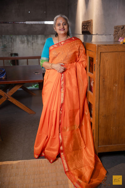 Deeksha- Orange Tissue Maheshwari Silk Cotton Handwoven Saree