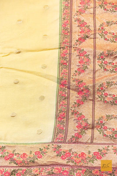 Thrayambhake- Pastle Yellow-Pink Banarasi Georgette Handwoven Saree