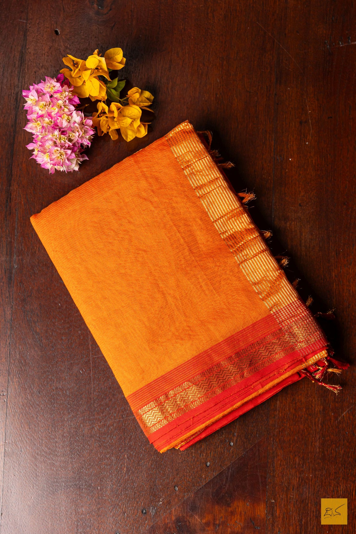 Deeksha- Orange Tissue Maheshwari Silk Cotton Handwoven Saree