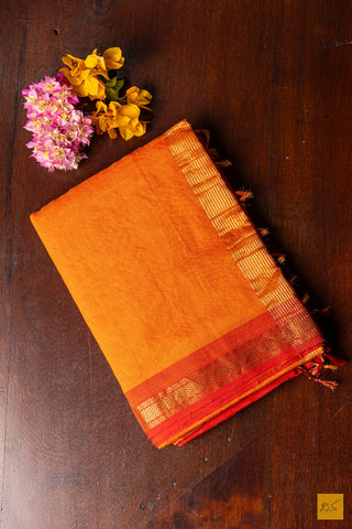 Deeksha- Orange Tissue Maheshwari Silk Cotton Handwoven Saree