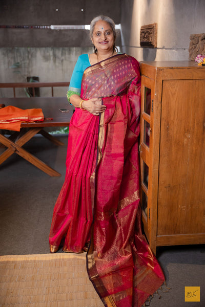 Yogini- Red Tissue Maheshwari Silk Cotton Handwoven Saree