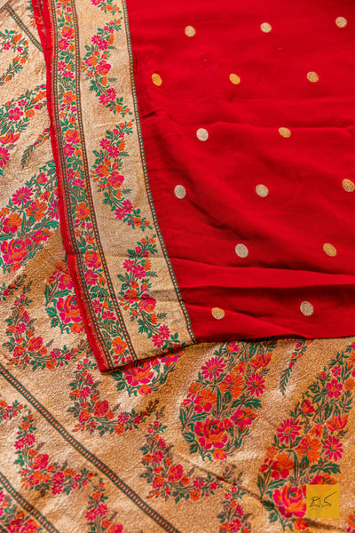 Thripurambika- Red Banarasi Georgette Handwoven Saree