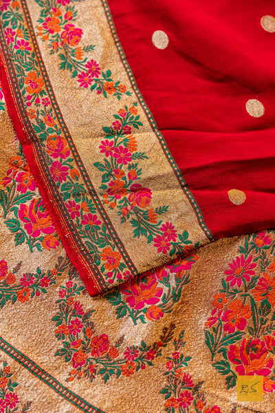 Thripurambika- Red Banarasi Georgette Handwoven Saree