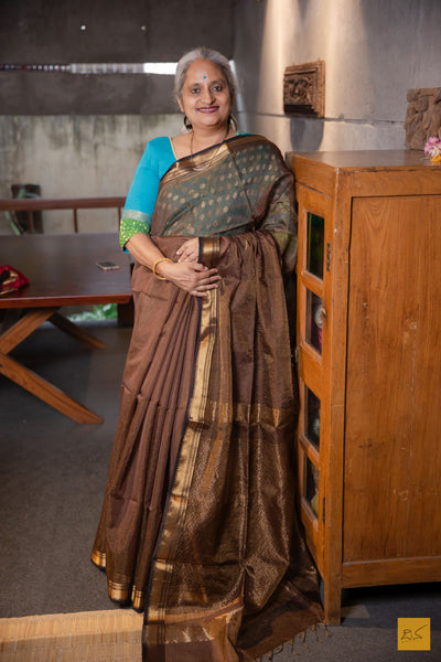 Vedanshi- Brown Tissue Maheshwari Silk Cotton Handwoven Saree