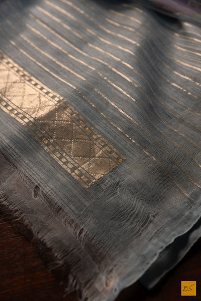 Nalina- Grey Banarasi Silk Net Handwoven Saree
