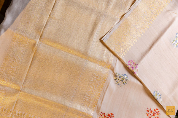 Nisha- Off White Banarasi Tusser Silk Handwoven Saree