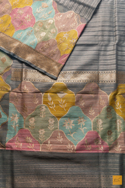 Nalina- Grey Banarasi Silk Net Handwoven Saree