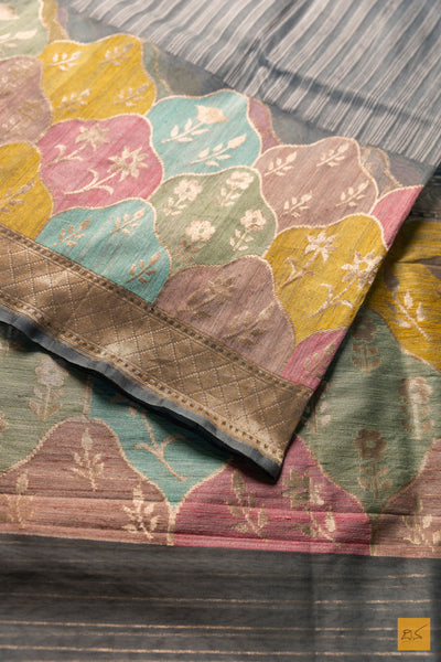 Nalina- Grey Banarasi Silk Net Handwoven Saree