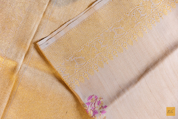 Nisha- Off White Banarasi Tusser Silk Handwoven Saree