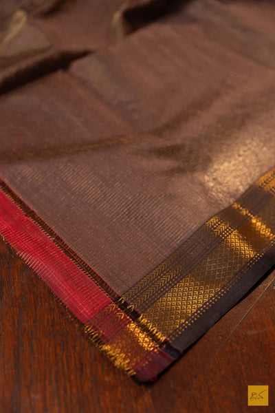 Vedanshi- Brown Tissue Maheshwari Silk Cotton Handwoven Saree