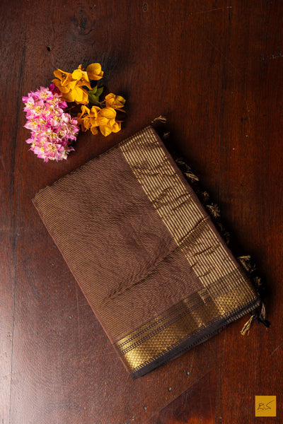 Vedanshi- Brown Tissue Maheshwari Silk Cotton Handwoven Saree