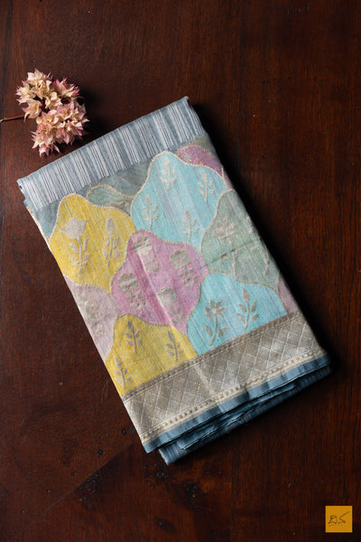 Nalina- Grey Banarasi Silk Net Handwoven Saree