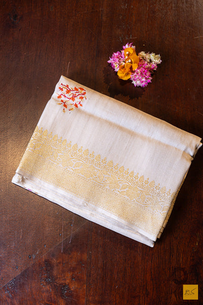 Nisha- Off White Banarasi Tusser Silk Handwoven Saree