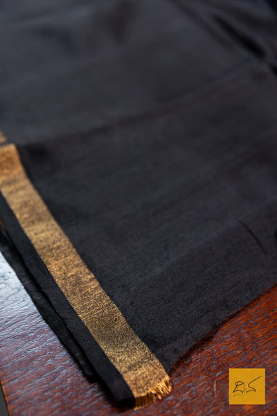 Black Mulberry Silk Linen Handwoven Saree