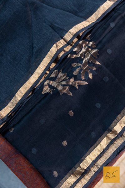 Black Mulberry Silk Linen Handwoven Saree