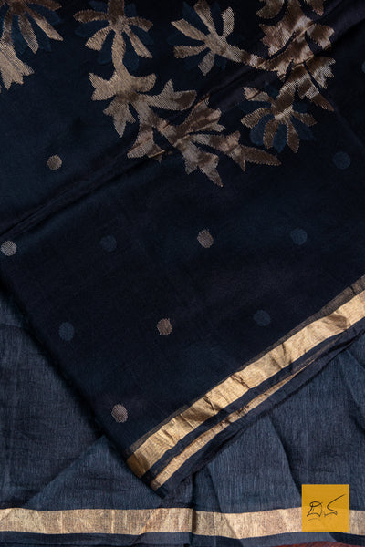 Black Mulberry Silk Linen Handwoven Saree