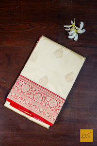 Anika- Off White- Red Banarasi Katan Silk Handwoven Saree