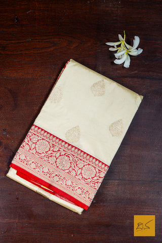 Anika- Off White- Red Banarasi Katan Silk Handwoven Saree