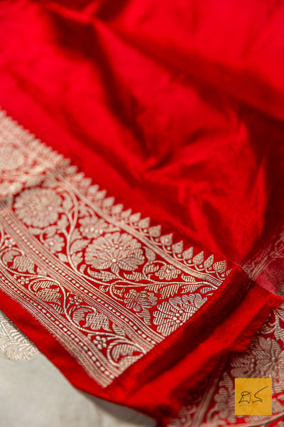 Anika- Off White- Red Banarasi Katan Silk Handwoven Saree