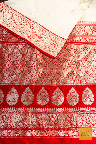 Anika- Off White- Red Banarasi Katan Silk Handwoven Saree