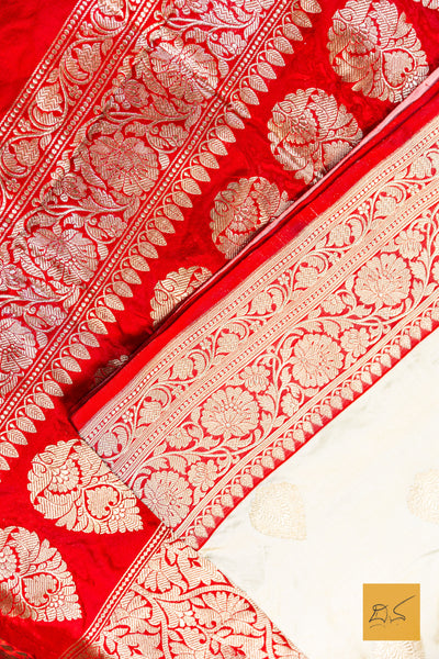 Anika- Off White- Red Banarasi Katan Silk Handwoven Saree