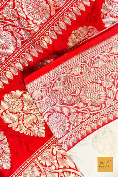 Anika- Off White- Red Banarasi Katan Silk Handwoven Saree