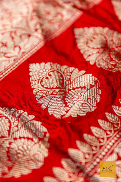 Anika- Off White- Red Banarasi Katan Silk Handwoven Saree