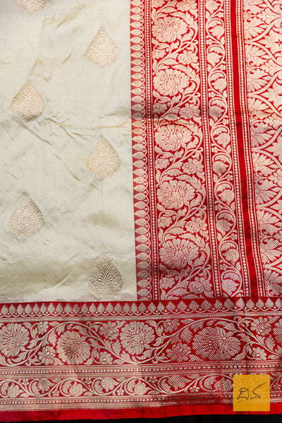 Anika- Off White- Red Banarasi Katan Silk Handwoven Saree