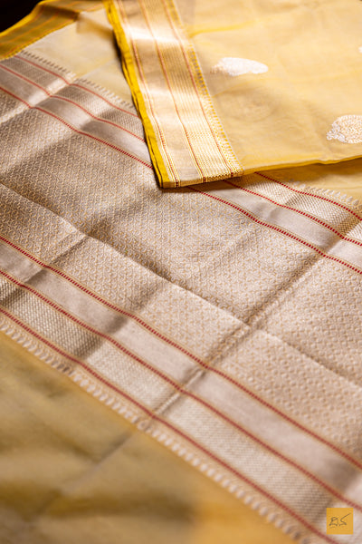 Nischitha- Golden Yellow Banarasi Organza Handwoven Saree