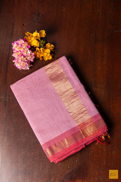 Dhathri- Pink Tissue Maheshwari Silk Cotton Handwoven Saree