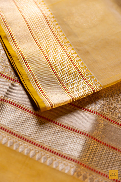 Nischitha- Golden Yellow Banarasi Organza Handwoven Saree