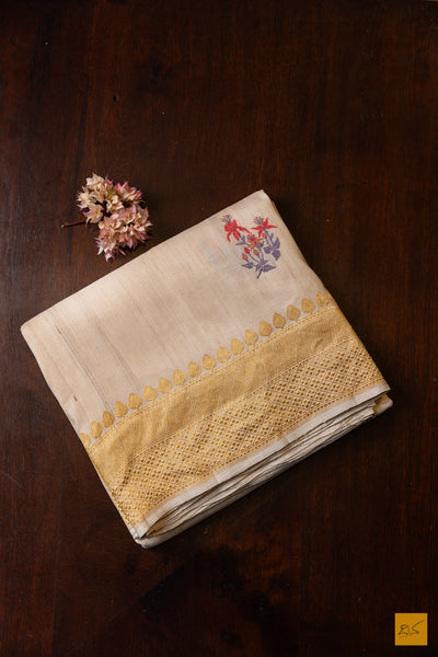 Vineetha- Off White Banarasi Tusser Silk Handwoven Saree