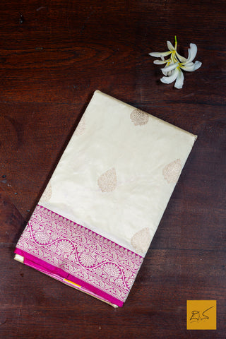 Adithi- White-Pink Banarasi Katan Silk Handwoven Saree