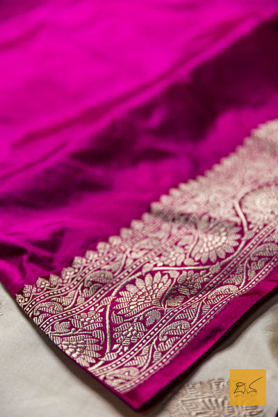 Adithi- White-Pink Banarasi Katan Silk Handwoven Saree