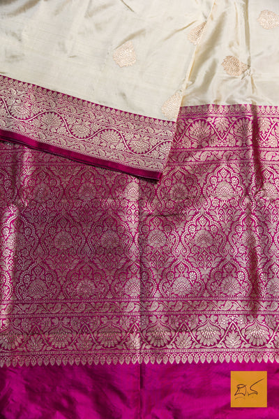 Adithi- White-Pink Banarasi Katan Silk Handwoven Saree