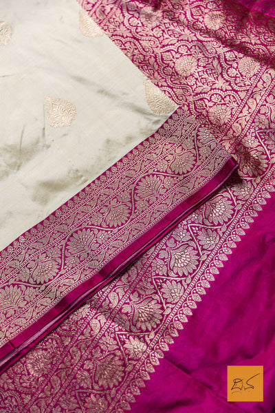 Adithi- White-Pink Banarasi Katan Silk Handwoven Saree