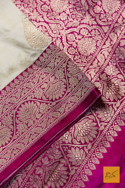 Adithi- White-Pink Banarasi Katan Silk Handwoven Saree