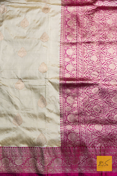 Adithi- White-Pink Banarasi Katan Silk Handwoven Saree