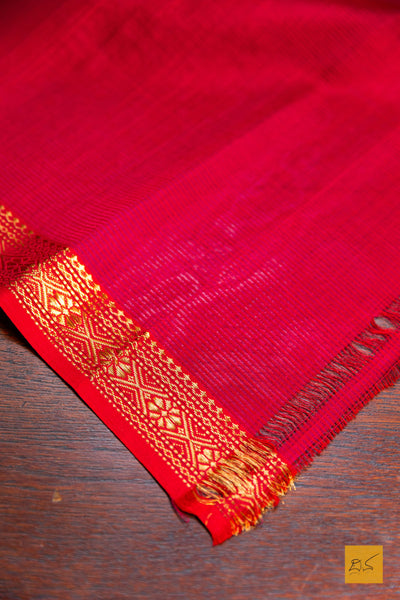 Harinakshi- Red-Orange Maheshwari Garbh Reshmi Handwoven Saree