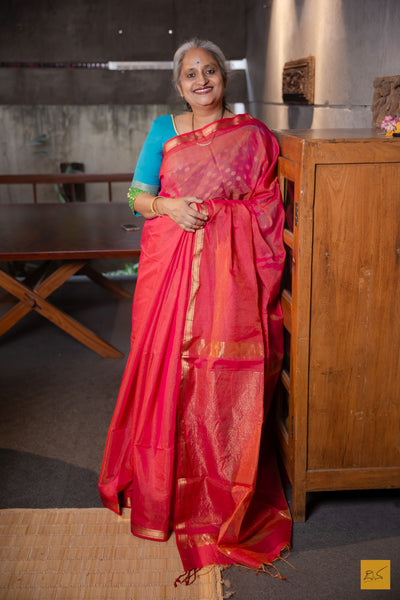 Menaka- Red Tissue Maheshwari Silk Cotton Handwoven Saree