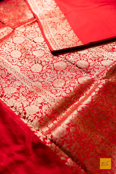 Parameshwari- Red Banarasi Satin Silk Handwoven Saree