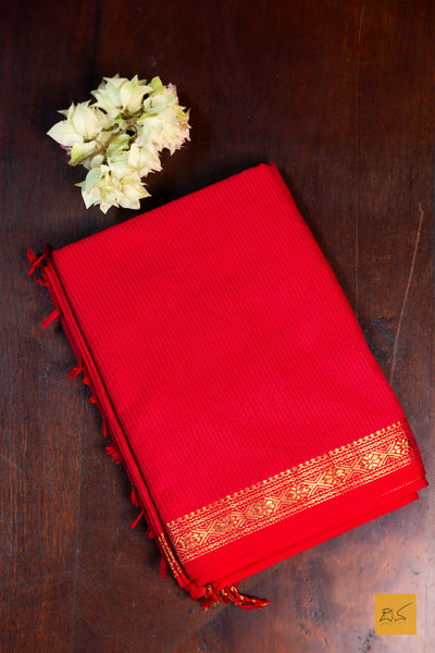 Harinakshi- Red-Orange Maheshwari Garbh Reshmi Handwoven Saree