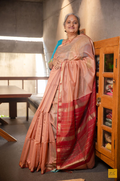 Ahalya- Peach Maheshwari Silk Cotton Handwoven Saree