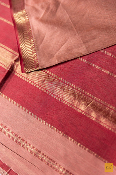 Ahalya- Peach Maheshwari Silk Cotton Handwoven Saree