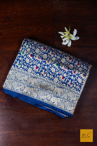 Lokamatha- Blue Shikargah Banarasi Katan Silk Handwoven Saree