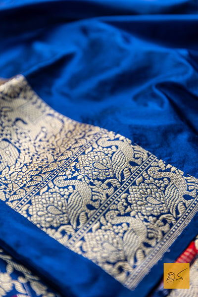 Lokamatha- Blue Shikargah Banarasi Katan Silk Handwoven Saree