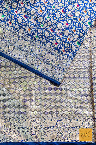 Lokamatha- Blue Shikargah Banarasi Katan Silk Handwoven Saree
