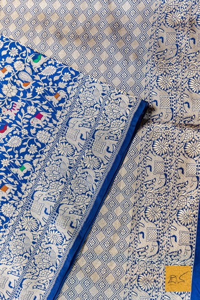 Lokamatha- Blue Shikargah Banarasi Katan Silk Handwoven Saree