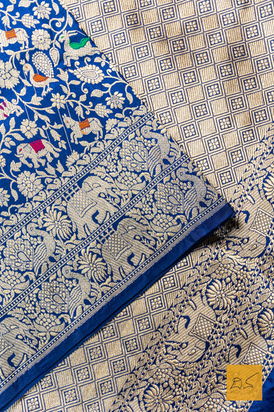 Lokamatha- Blue Shikargah Banarasi Katan Silk Handwoven Saree