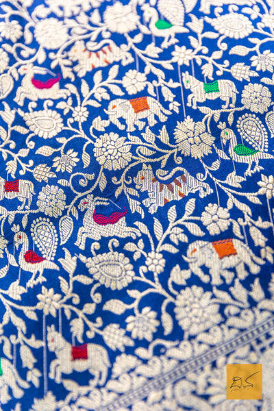 Lokamatha- Blue Shikargah Banarasi Katan Silk Handwoven Saree